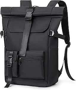 Roll Top Travel Backpack, Lightweight Daily Work Backpack, Carry on Backpack with Multiple Pockets (Black)