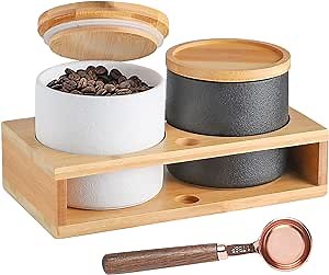 Coffee Containers with Shelf & Scoop - 2 x 17.9OZ(530 ML) Ceramic Airtight Coffee Bean Storage Container Food Storage Jar with Wood Lid for Loose Leaf Tea/Nuts/Snack/Sugar in Kitchen (Black&White)