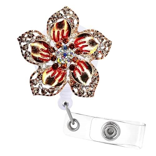 Rhinestone Flower Magnetic Badge Reel – Cute Orange Retractable ID Badge Holder for Nurses, Teachers, Medical & Office Staff – Bling Floral Badge Reel with 32″ Smooth Cord & 360º Swivel Clip