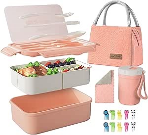 ZMYGOLON Bento Lunch Box Container Leak-proof for Kids Adults Teens School with 3 Compartments and Cup,Lunch Bag,Spoon,Fork (Pink)