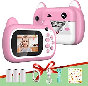 Relohas 1080P Instant Print Camera, Kids Digital Instant Camera with Print Paper, Cartoon Sticker, Double Sided Tape,Lanyard,16G Micro Card, Video Camcorder, Creative Camera for Boys and Girls (Pink)