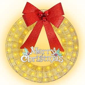 20IN Christmas Wreath with Lights, Metal Outdoor Wreath with LED, Glittering Sequins, Garden Front Door Decor, Gold