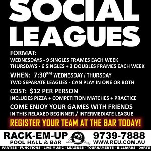 Do you love pool but have never played league before? Do you want to improve your game while having fun? Do you want to test yourself against other beginner level players? Do you want to win drink cards and trophies?! Come join an in-house social 8-ball league at Rack-em-up. Cost is only $12 per week for Pizza and Pool. Singles League on Wednesday nights. Doubles League on Thursday nights. Join one today! | Rack-em-up Pool Hall & Bar