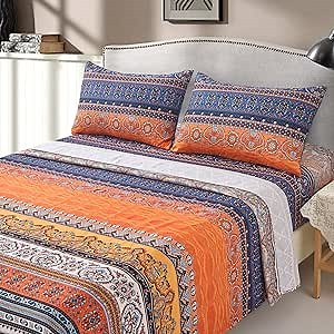 DJY Boho Sheets Set Queen Size(4 PCS) Orange Blue Bohemian Colorful Striped Bedding Sheets 14" Deep Pocket Indian Floral Fitted Sheet Flat Sheet 2 Pillowcases