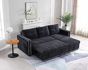 91 inch L-Shaped Straight Arm Upholstered Sectional Sofa Convertible Pull-Out Sleeper Couch Bed w/Copper Nail Decor & Reversible Storage Chaise Lounge for Living Room Furniture Sets, Black