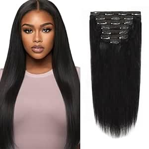 Anrosa Yaki Clip ins Yaki Hair Extensions Clip in Human Hair 1 Jet Black Yaki Straight Clip ins Yaki Hair Clip in Extensions for African American Black Women Natural Hair Thick 20 Inch 120 Gram