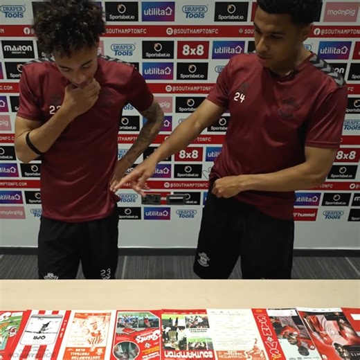 "What are you yapping about?" 🤣 Sam Edozie and Shea Charles tackle our retro programme challenge 📚 Complete your collection 🛒 bit.ly/saints2324 | Southampton FC