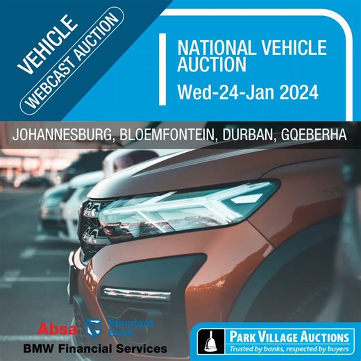75 reactions | Be part of our upcoming National Vehicle Auction where a diverse array of cars will be up for bidding! bit.ly/48VF18n Auction Type : Webcast Date: Wednesday 24 January 2024 at 10:00 Locations: Johannesburg | Durban | Bloemfontein | Gqeberha (PE) Viewing: Tuesday 23 January, 2024 from 09:00 - 16:00 Contact: 011 789 4375 / auctions@parkvillage.co.za " | Park Village Auctions | Facebook
