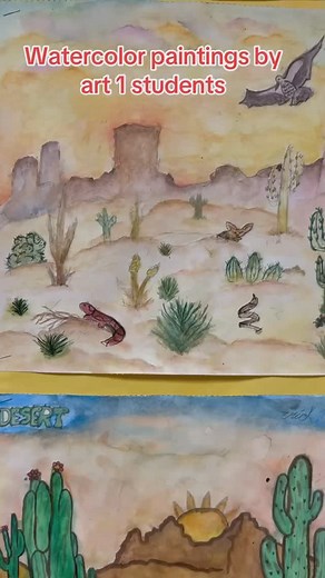 My students watercolors artwork. #art #wayercolors #studentswork #allaprima #layering #desert #chicago #youngartists #beginersart #introductiontowatercolor #higschoolart #watercolortechniques | Elena Diadenko