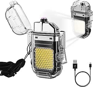 Arc Lighter, Windproof Waterproof, Flameless, Rechargeable with 3 Mode LED, Dual Arc Plasma Electric, Black