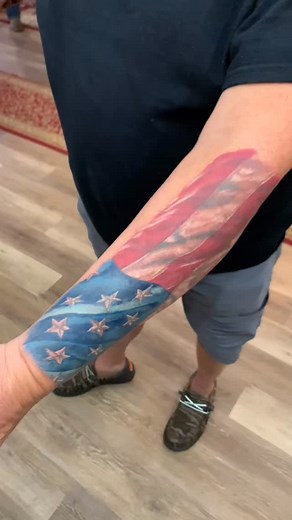 Got the pleasure of starting a half sleeve for this former marine! #flagtattoo #tattoo #armtattoo #colortattoo #semperfi #marinecorp #tattooartist #axysvahalla #fusionink #eternalink #longviewwa #burningrocktattoo #tattooshop | Burning Rock Tattoo