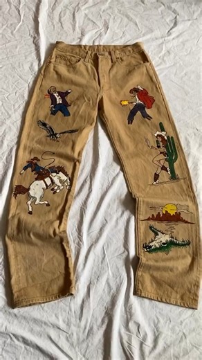 Cowboy Jeans 🤠🤠🤠 by @kasutomu . This artist drew some classic cowboy scenes on a pair of brown denim jeans! What do you think? Would you wear these? . . . #cowboy #cowboylife #cowboystyle #westernwear #westernstyle #cowboyart #wearableart #artwear #customjeans #customclothing #paintingoftheday #painting | Custom WearHouse