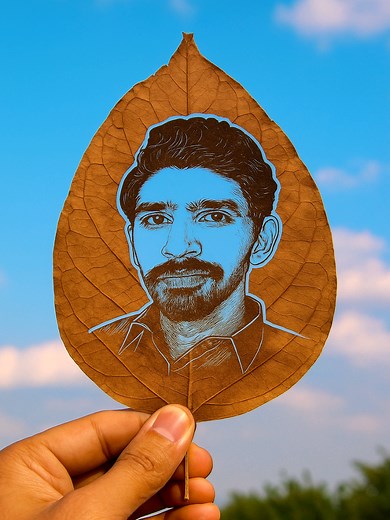 Intricate Leaf Carving Art Depicting a Portrait
