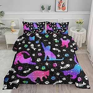 Cute Cat Comforter Kids Bedding Set Full,3Pcs Soft Paw Fish Bone Print Quilt Set Bed in A Bag with 1 Comforter 2 Pillowcases for Kids Boys Girls Teens Adults Room Decor All Season Gradient Blue