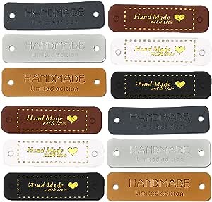 120pcs PU Leather Labels Handmade Tag Label Handmade Embossed Tags Button with Holes Embossed Tag Embellishment Knit DIY for Jewelry Making Crafts, Sewing Clothing Decoration