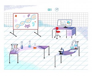 Desain interior ruang kerja laboratorium. Desktop, peralatan kimia...