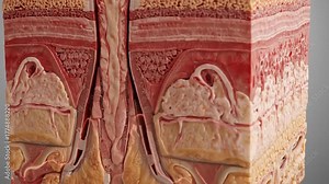 Detailed 3D Cross-Section of Human Skin Anatomy: Layers, Hair Follicles, Sebaceous Glands, and Connective Tissue