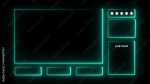 Neon glowing animated intermission stream overlay with hud facecam border, chat frame design for live broadcast visuals.4k motion graphics video