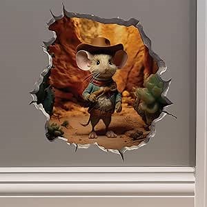 Cowboy Mouse in Mouse Hole Decal - Mouse Hole 3D Wall Sticker