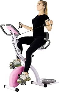 Folding Exercise Bike Compact Foldable Stationary Bike Magnetic Resistance Control W/Twister Plate, Arm Resistance Bands, Extra Large&Adjustable Seat and Heart Monitor Home Exercise, Pink