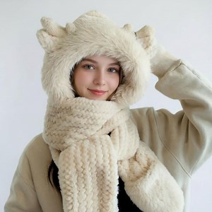 Knit Hooded Scarf With Ears, Plush Winter Scarf Hat - Etsy