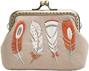 DIY Coin Purse Embroidery Coin Change Clutch Bag Kiss Lock Handmade Purse Wallet Cross Stitch Bag Making Supplies for Adults Beginners (Feather Style)