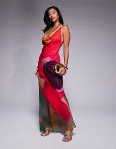 ASOS DESIGN Petite cowl plunge bias maxi dress in pink abstract print  | ASOS