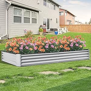 Domi Galvanized Raised Garden Bed, 8x4x1Ft Thickening Metal Planter Box for Vegetables Bottomless for Backyard Outdoor, 1" Deep w/ 228 Gallon Capacity - Silvery