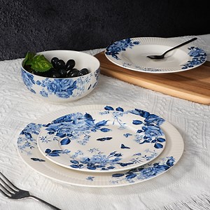 [Hot Item] 24PCS China Blue White Floral Design Porcelain Plates Dinnerware Ceramic Dinner Set