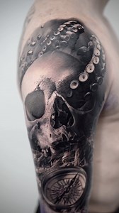 Wait till the end 🥵 Let me know what you think of this skull and compass tattoo 🔥 • Ig- stevotat2 • NYC Bookings open 😍 Fill form to book an appointment 👉🏻 my.inkup.io/Stevo-Tattoo • • Done using @bishoprotary @kurosumitattooink @kwadron @bheppo #tattooart #realistictattoos #tattoodesign #blackandgreytattoos | Ste Vö