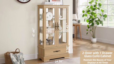 CKEASEAN Lighted Curio Cabinet with Glass Shelves & Mirrored Back, Living Room Showcase
