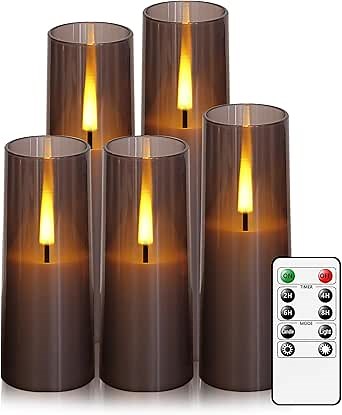 Flameless LED Candles, Battery Operated Upgraded Realistic 5 Pcs Flickering Flame Pillar Candles with Remote Timer, for Romantic Ambiance and Home Decoration (Grey)
