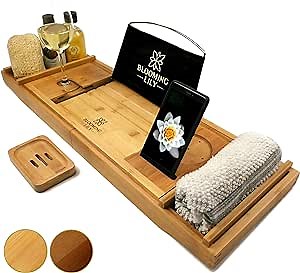 Sturdily Designed Bath Tray with Wine Glass Holder, Tablet Stand and More Suitable for Most Baths (Natural)