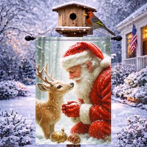 Reindeer Santa Christmas Garden Flag 12x18 Inch Double Sided Winter Yard Flag Outdoor Holiday Decor for Porch Lawn Garden