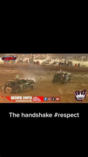 Jason Kinman and Zack Lease share a handshake in the midst of competition. Respect for these two gladiators! #KingofOhio2023 #Demolitionderby #LimaOhio #June16th17th18th #theformat #50ktowin | Demolition Entertainment Motorsports Organization