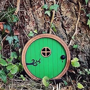 Round Fairies Doors with Hollow Window Trims for Trees Outdoor, Tree Stump Decor, 3D DIY Miniature Fairies Garden Outdoor Decor Accessories, Yard Art Wood Garden Tree Doors (Green)