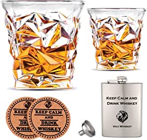 Vaci Crystal Whiskey Glasses – Set of 2 Bourbon Glasses, Tumblers for Drinking Scotch, Cognac, Irish Whisky, Large 10oz Premium Lead-Free with Stainless Steel Flasks, Cups, Luxury Gift Box