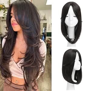 Hair Toppers for women for Thinning Hair Synthetic Middle Part Lace Front Hair Topper Long Straight Wavy Clip in Wiglets with Fringe Bangs Dark Drown