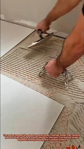 Perfect Large Tile Installation Using Suction Tool and Even Adhesive Spread