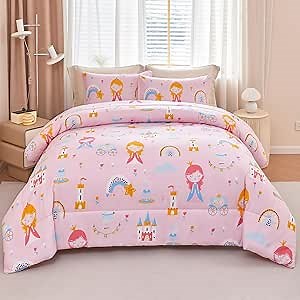 WINLIFE Girls Pink Princess Comforter Set Twin Size 3 Pieces Fairy Tales Castle Rainbow Floral Printed Bedding Set for Teen Girl Soft Microfiber All Season Bed Sets (Pink, Twin)