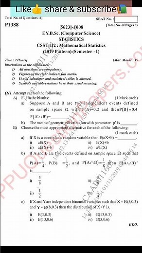 FY.B.Sc computer science 1st semester ||Mathematical Statistics||Question paper||sppu...