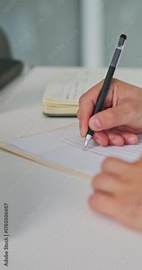 Hands, person and doctor writing in hospital for prescription, medical record and referral letter. Healthcare worker, folder and notes on diagnosis, treatment progress and patient chart for discharge Stock Video