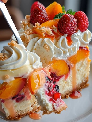 Peach Raspberry Swirl Cheesecake A vibrant no-bake cheesecake layered with peaches, raspberries, and a creamy vanilla swirl — a fruity masterpiece bursting with color. Yield: 8 slices | Temp: Chill at 4°C (40°F) | Time: 5 hrs (includes chilling) Key Ingredients First: Fresh peaches (2, sliced thin) Raspberries (1 cup, fresh or frozen) Cream cheese (500 g, softened) Graham cracker crumbs (1 ½ cups) ....................... FULLL Recipe in First Cօʍʍеոτ 👇 | The Grandma’s Faves