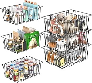 Simple Trending Wire Storage Basket with Dividers, Pantry Organization and Storage Bins Cabinet Metal Basket, Extra Large 6 Inch Deep, 6 Pack , Black