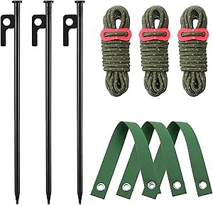 Threehoney Heavy Duty Tree Stake Kits Tree Staking and Supports Kits for Young Trees Against Bad Weather Leaning Straightening Kit 3 Pcs 11.8 Inch Steel Stakes 13 Feet Rope and Straps