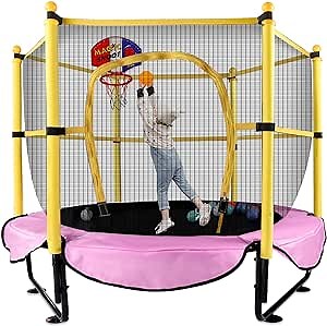 GYBest 60" Kids Trampoline for Toddlers, 5FT Indoor Outdoor Toddler Trampoline with Enclosure Net & Basketball Hoop, Birthday Gifts for Kids,Boy & Girl, Age 1-8