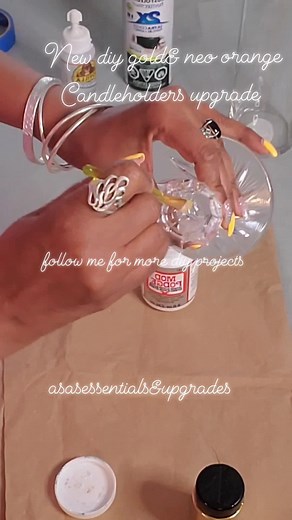 New Diy Gold & Neo Orange Candleholders with Orange Glitter. Spray paint the diamond rhinestone Stickers with neo Fluorescent Neo Orange paint... Very Pretty for Weddings or Birthday parties.. Follow me for more diy projects. Subscribe to my utube channel for full diy videos @asasessentials&upgrades. Thank you🙏🙏🙏 #foryoupage #diyproject #wedding #craftyhacks #viralreels #smallbusiness #tiktok #crafthacks #viralvideo #crafter #diy #craftingideas #candleholders | Asa Asa