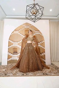 Our showstopper diva Taruna in copper geometric pattern organza lehenga with topaz crystal and feather details on the shoulder. | Wellgroomed Designs Inc | Facebook