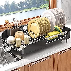 Extendable Dish Drying Rack - Small Dish Rack for Kitchen Counter, Stainless Steel Dish Drainer with Drainboard and Cutlery Holder, Drying Dish Rack, Black