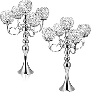 2 Pack 5 Arm Crystal Candelabra Centerpieces 21.5 Inch Tall Candle Holder Table Candelabra Stand with Crystal Candle Holder Bowl for Home Wedding Anniversary Dinner Party Table Decoration (Silver)